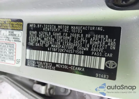 2004 Toyota Camry Le V6 из США, поврежденный, VIN 4T1BF32K74U571566